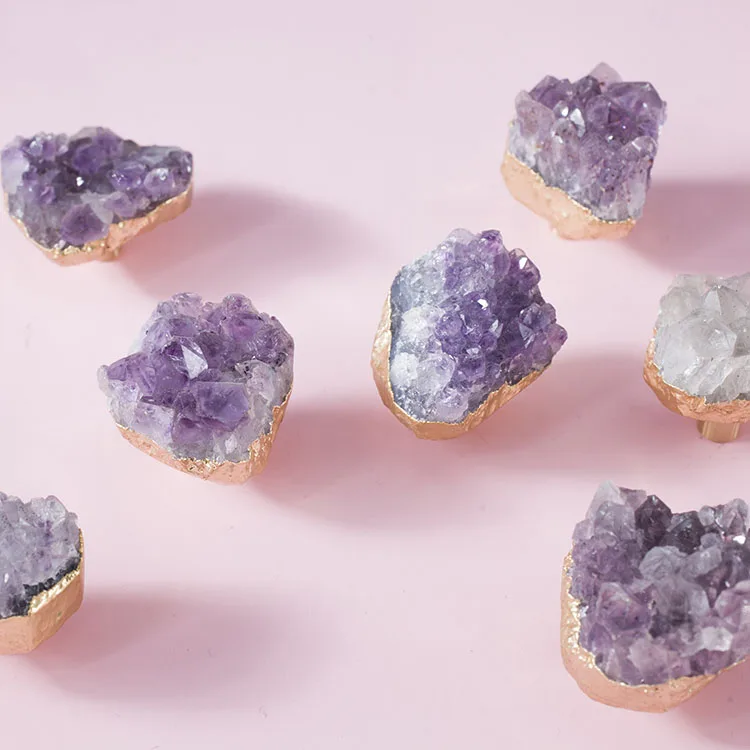 Natural Purple Crystal Brass Knob Dresser Drawer Knobs Pulls