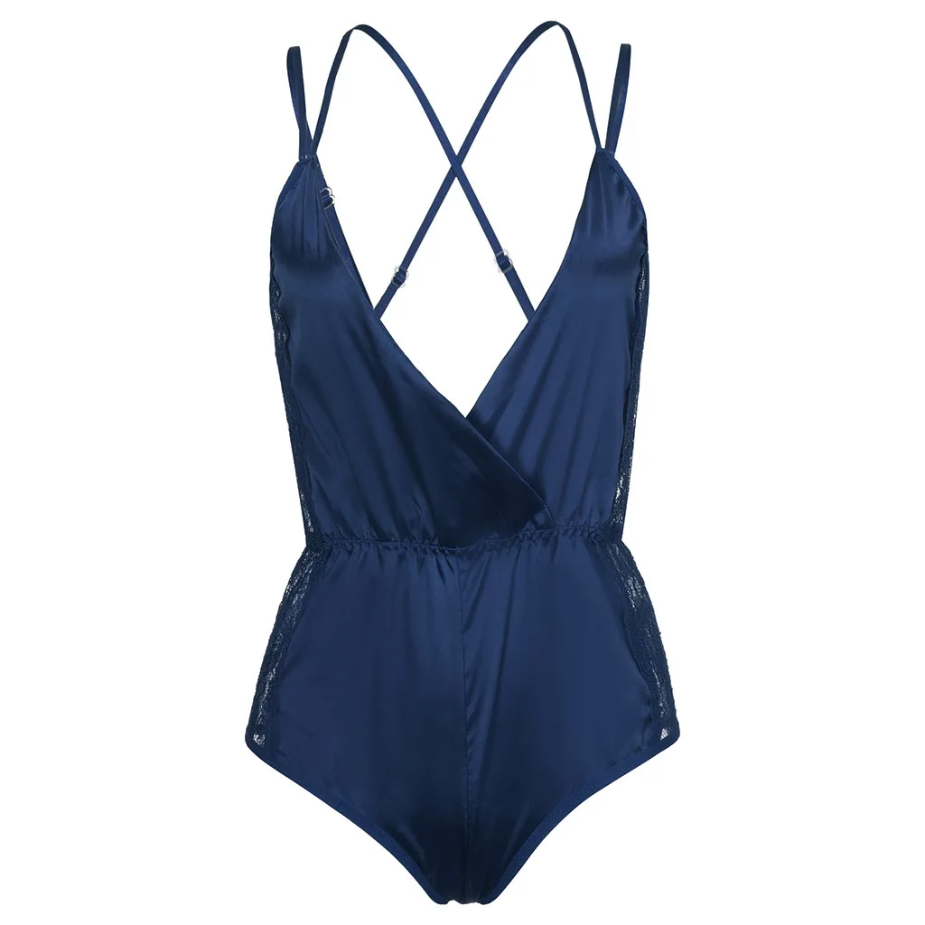 Bodysuit Fashion Womens Plus Size Sexy Satin Lace Patchwork Lingerie Bodysuits Blue Underwear Catsuit 19May8 P40