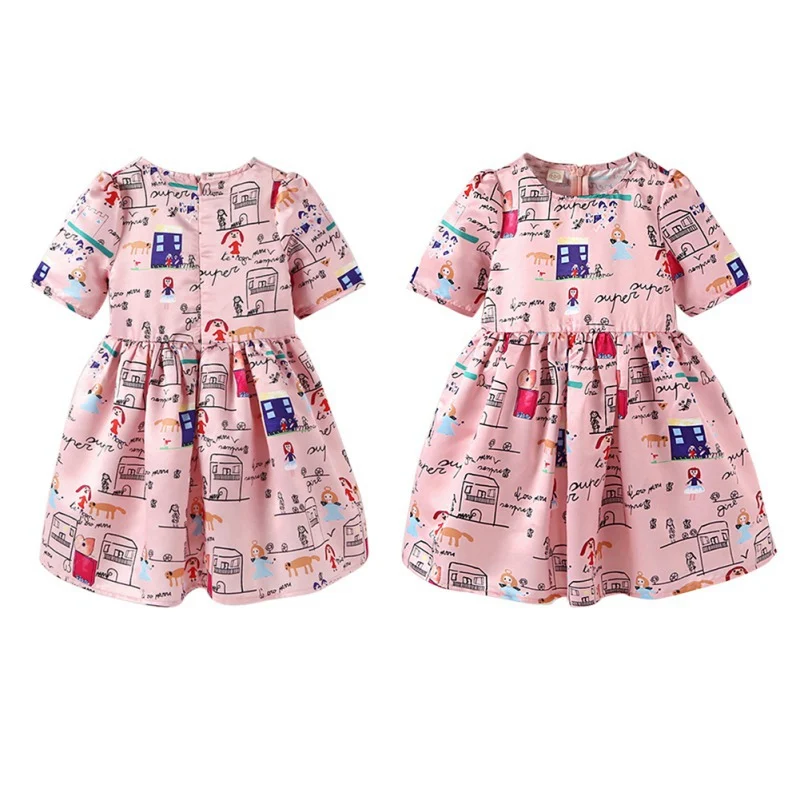 

Knee-Length O-neck 1-5T Cotton Zipper Summer Casual Baby Girls Cartoon Pattern Short Sleeve Dress Cotton Kids Toddler Sundress