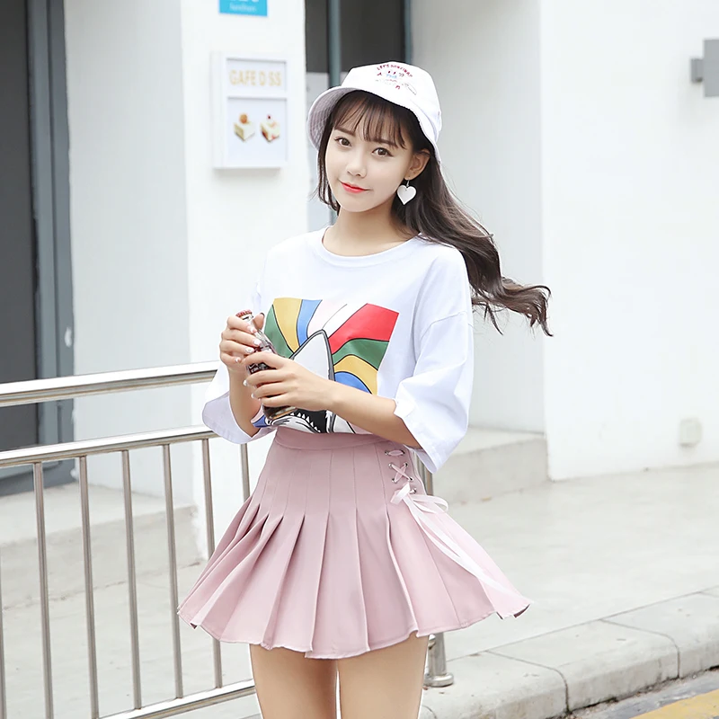 Kpop Высокая талия с бантом Lac up мини юбка женская летняя Harajuku A Line выше Юбки До