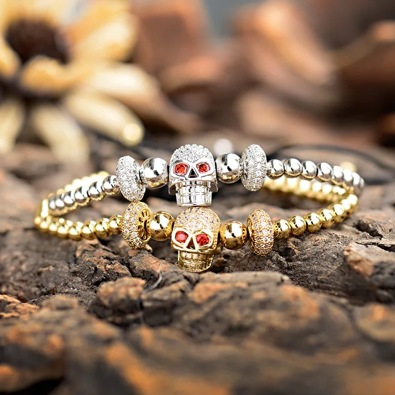 

2019 Gold Skull Men Bracelet Pave CZ Luxury Wheel Shape Bracelet 4mm Copper Beads Braided Bracelet Men Women Jewelry Gift AB1296