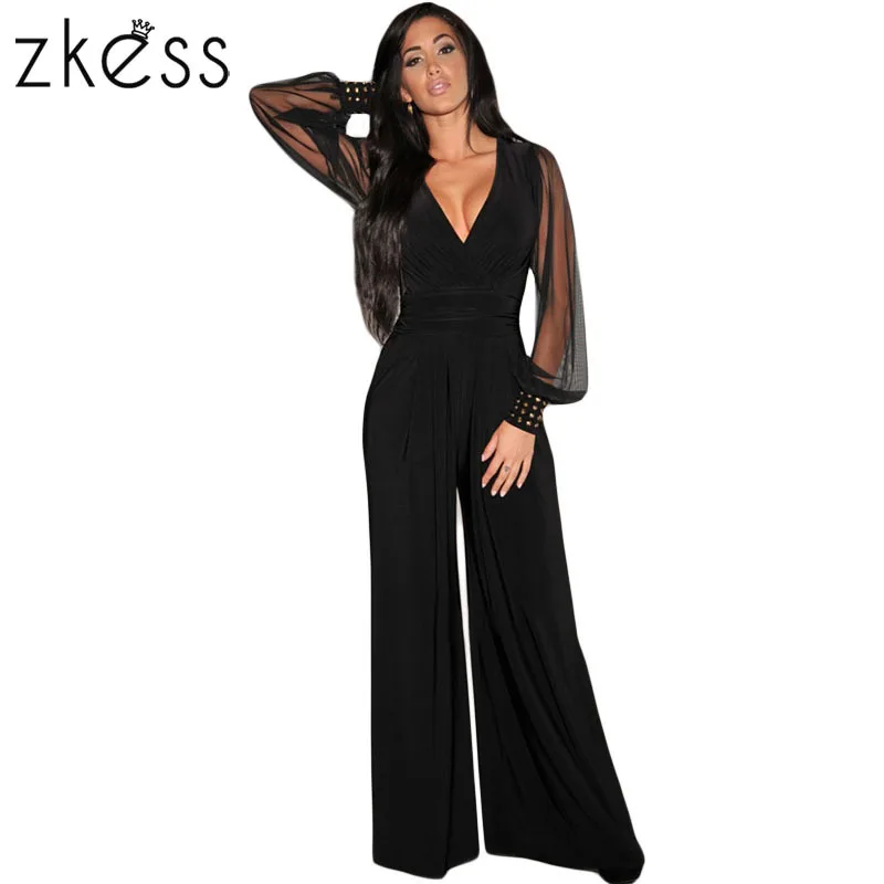 Zkess النساء أزياء مثير Clubwear ارتداءها الأسود مزين الأصفاد مش طويل الأكمام بذلة الساخن بيع ملابس كاجوال LC6650