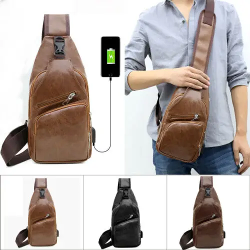 US Men PU Leather Sling Chest Pack Crossbody Sport Shoulder Bag USB Charging
