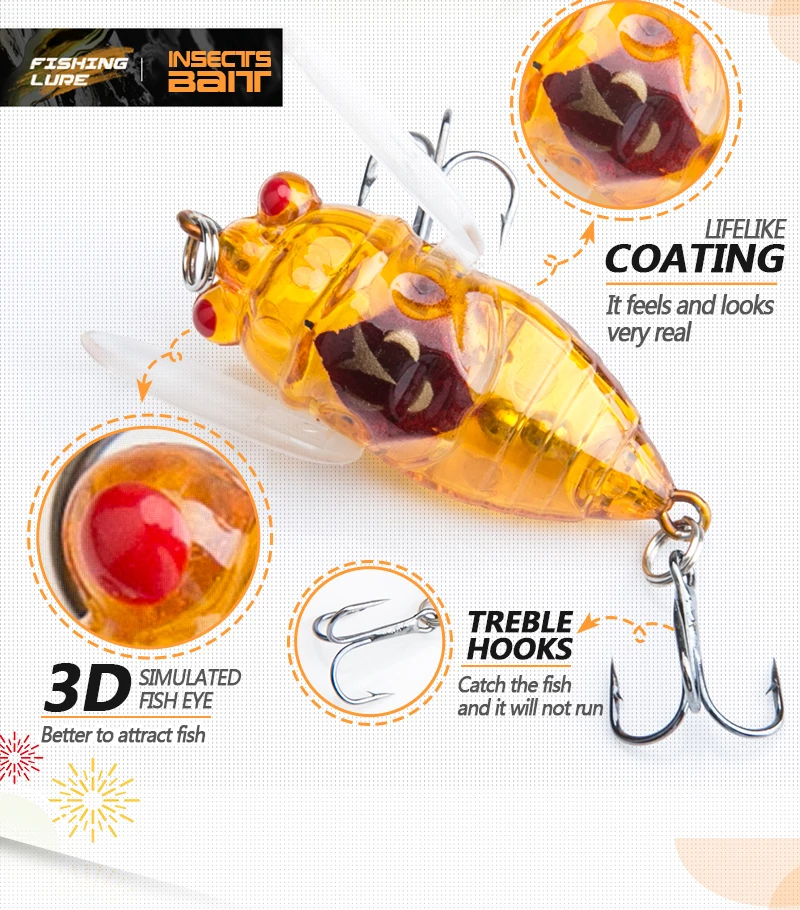DONGQL 1Pc Insects Fishing Lure 4cm 6g Artificial Cicada Bait Topwater Bass iscas para Pesca Crankbait Wobblers Fishing Tackle (4)
