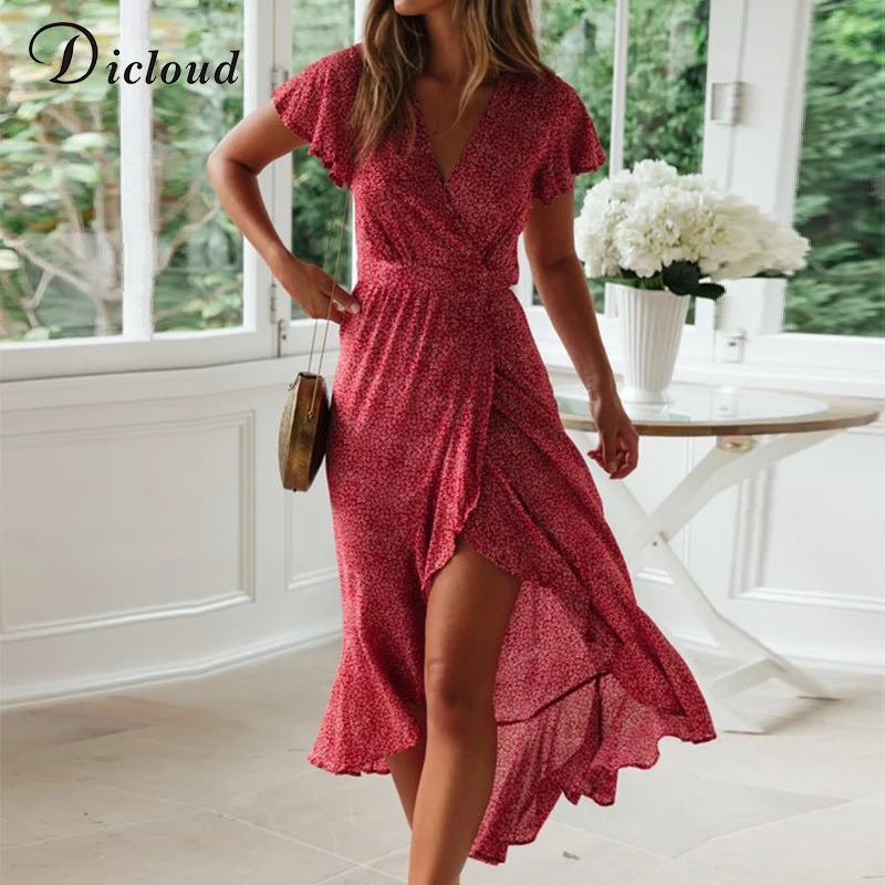 

DICLOUD Elegant Mermaid Boho Long Dress Women Summer Beach Sundress Flare Sleeve Ruffles Bodycon Bohemian Midi Dress