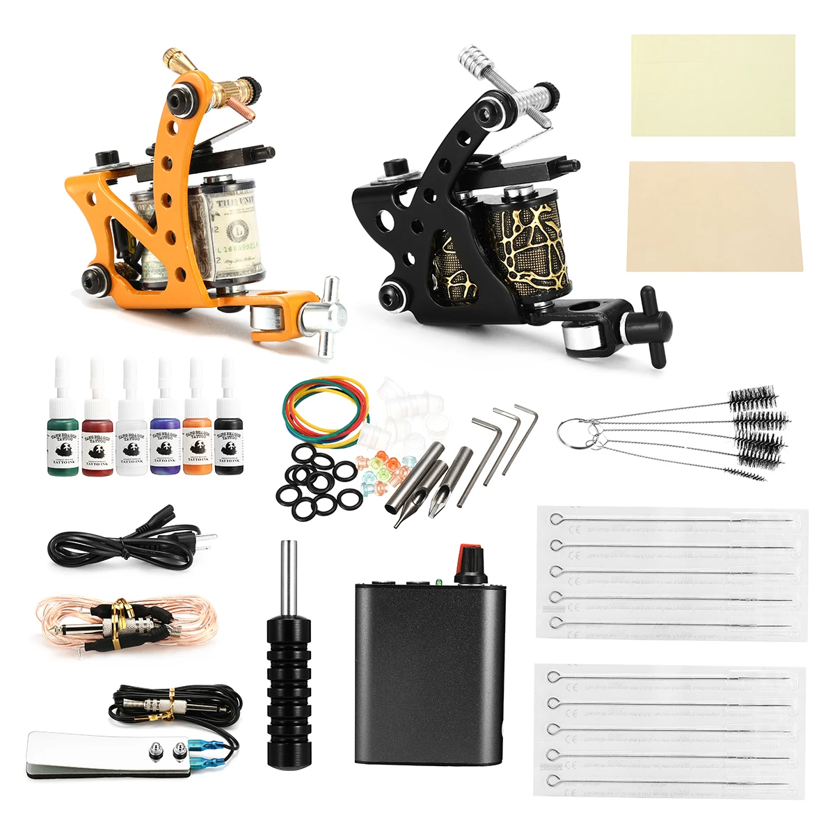Beginner Complete Tattoo Kits 2 Tattoo Coils/Guns Machine 6 Colors Ink Sets Power Supply Needle Pedal Tips Permanent Makeup Art