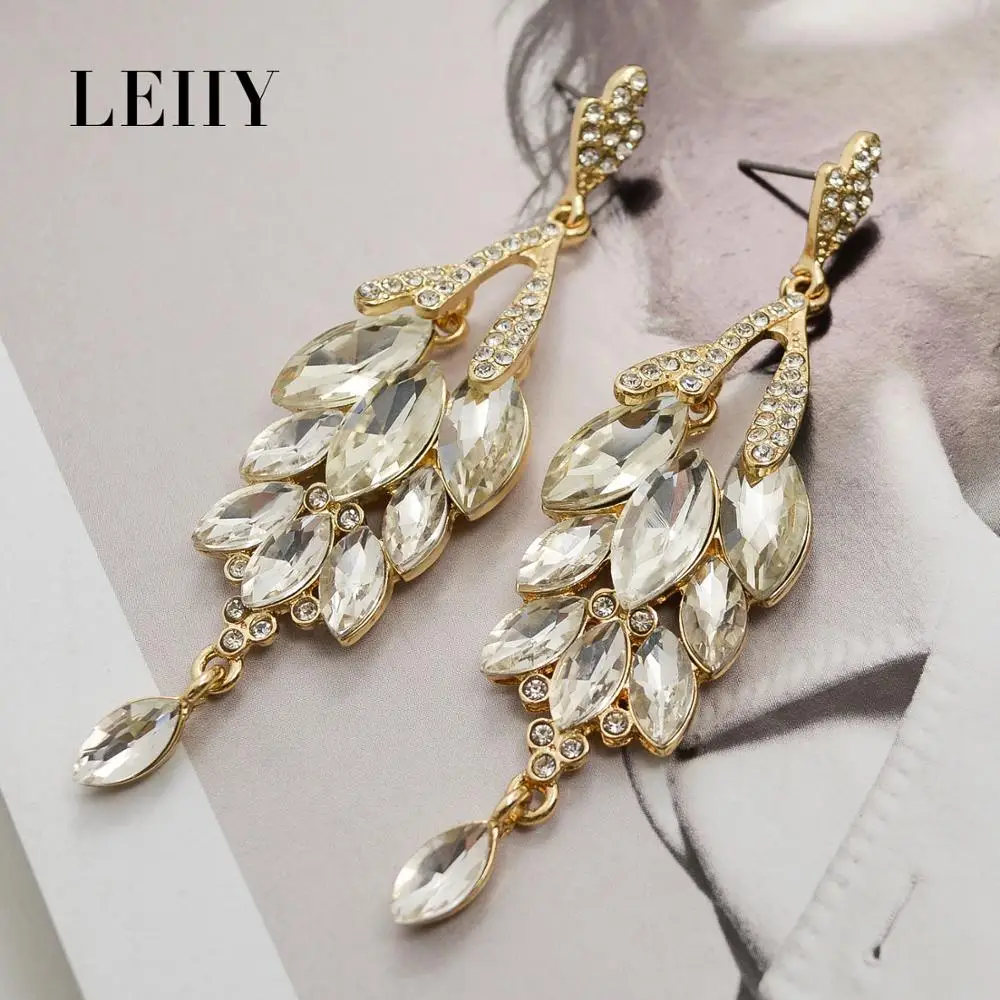 Leiiy Stylish Exquisite Crystal Glass Rhinestone Long Wedding Dangle Earrings For Women Bride Gold-color Drop Earings Jewellery | Украшения