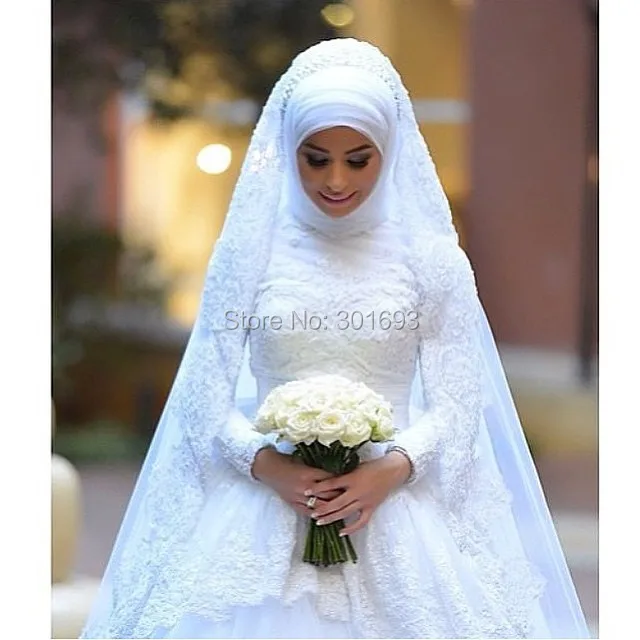 Oumeiya OW306 With font b Hijab b font Veil High Neck Long Sleeve Beaded Lace Appliqued