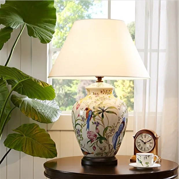 

TUDA LED Table Lamp Hand-painted Flowers and Birds Ceramic Table Lamp Living Room Fabric Table Lamp E27 110V 220V