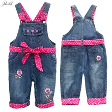 Весенне-Осенние Комбинезоны для маленьких девочек от 6 месяцев до 3 лет, джинсовые комбинезоны ярко-розовые джинсовые штаны с поясом и вышивкой