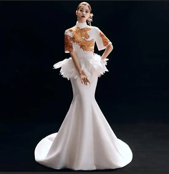Сценическое представление qipao шоу длинный рыбий хвост Мода qipao платье элегантный китайский стиль модель элегантное платье шлейф платье - Цвет: Белый