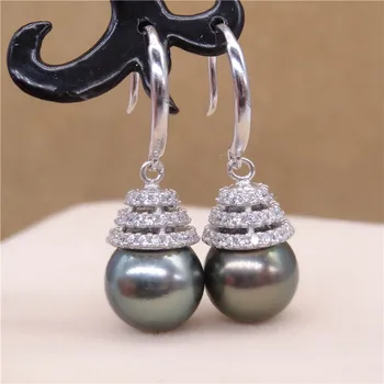 

Eternal wedding Women Gift word 925 Sterling real Natural seawater to light round Tahiti Pearl Earrings 10-11mm925 pure T