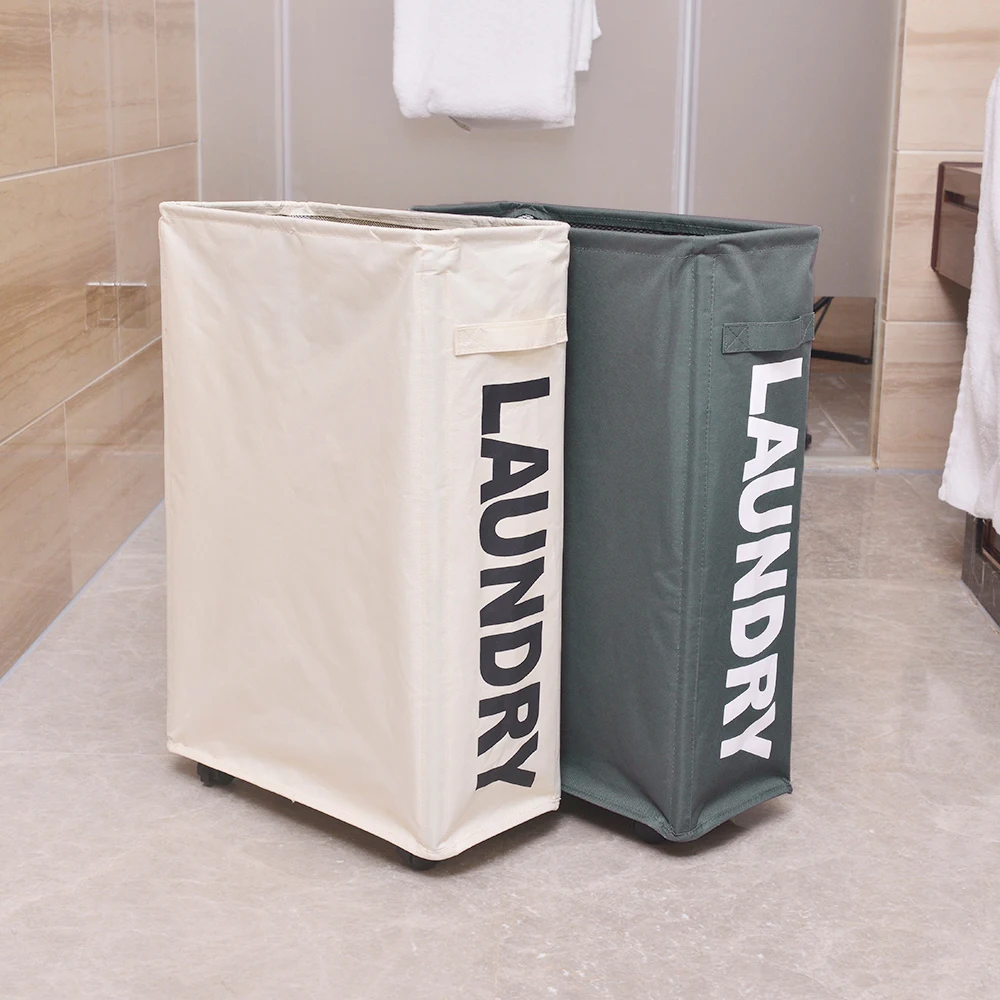 

Corner Slim Foldable Oxford Cloth Laundry Basket Bin Mesh Drawstring Dirty Clothes Hamper with 4 Support Rods Universal Wheels