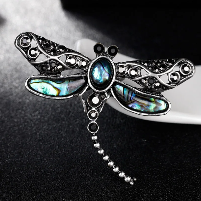 

Perfect Antique silver vintage Natural Abalone Shell Vintage Dragonfly Brooches For Women Men Jewelry Brand Women's Punk Brooch