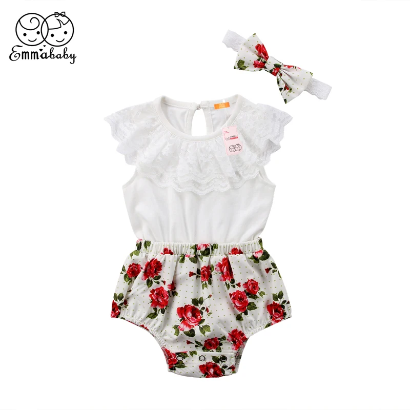 0-24 M الصيف الحلو جميلة رومبير طفل طفلة الدانتيل الأزهار خليط قصيرة الأكمام س الرقبة المغطاة زر رومبير عقال 2 قطعة