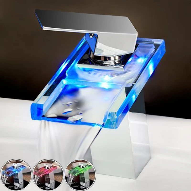

Free Shipping LED Light Waterfall Spout Bathroom Basin Faucet Deck Mount Square Vanity Sink Mixer Tap