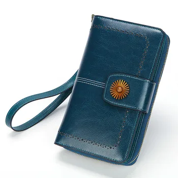 

Oil Wax Long Leather Female Clutch Purse Cellphone Bag Coin Wallet Lady Brand Real Genuine Leather Women Wallet Large Money Bag
