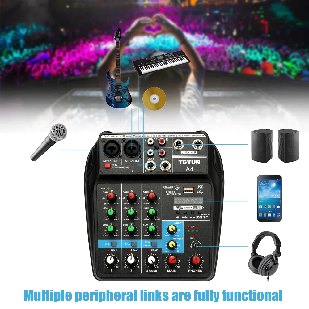 

TU04 BT Sound Mixing Console Record 48V Phantom Power Monitor AUX Paths Plus Effects 4 Channels Audio Mixer with USB