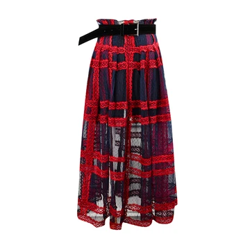 

Runway Designer Luxury Brand Skirt for Women Lace Mesh Stitching Plaid point Pleated Mesh Long Skirt