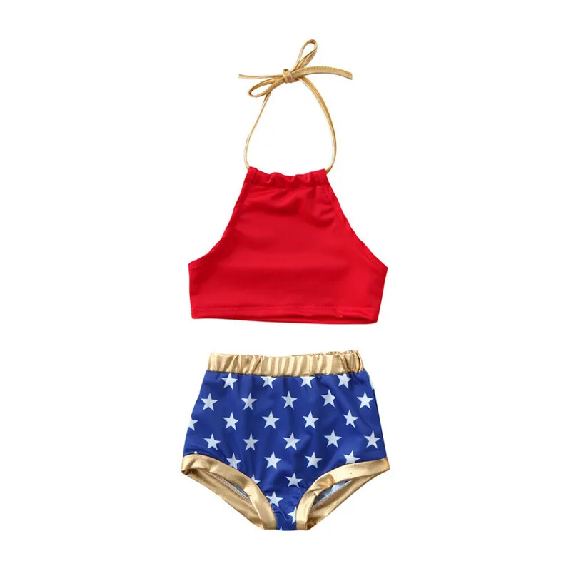 

Emmababy 2PCS Set Summer Kids Baby Girl Clothes Red Sling Halter Top Blue Star Pattern Print Short Pants arrival Novelty Casual
