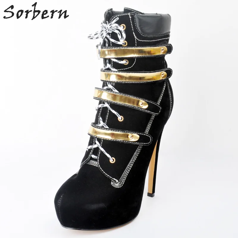 Sorbern Black Lace-up Ankle Boots Plus Size Womens Fashion Boots High Thin Heels Lace Up Botas De Mujer Winter Shoes For Women