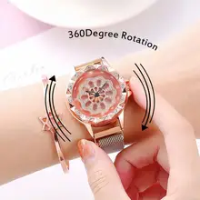 Hot Rotating Lucky Women Watch Luxury Diamond Watch Rose Gold Quartz Wristwatches Ladies Magnetic Clock relogio feminino zegarek
