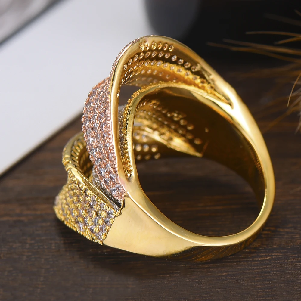 GODKI широкий роскошный 3 тона твист слоев шикарные кольца для женщин Свадебные кубический циркон Африканский Свадебный Дубай палец кольца ювелирные изделия