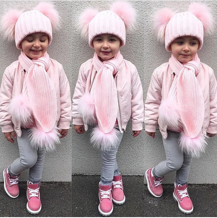 Bonnet et Écharpe Double Pom Pom de fourrure, Bonnets Enfants d