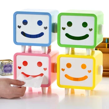 

Cute Cartoon Smiley Square Rotatable Roll Paper Towel Boxes Rectangular Tissue Pumping Storage Box Toilet Plastic Tissue Box