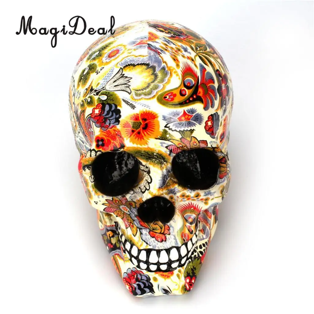 Resin Skull Model Ornament Home Decoration Flower Pattern Water Transfer Printing Souvenir for Halloween and Christmas