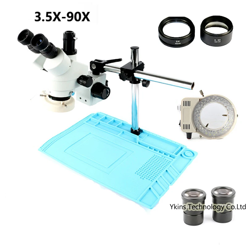 

New 3.5X -90X Focus Industrial Trinocular Stereo Microscope, Dual Arm Support + 56 LED Ring Light + Blue Solder Pad