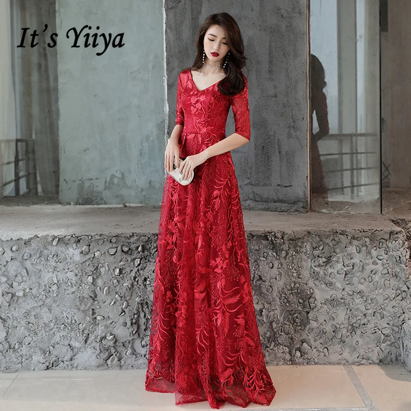 Это YiiYa Формальное вечернее платье с v-образным вырезом, с принтом, половина рукава, длина до пола, вечерние платья на шнуровке, с молнией сзади, элегантные платья для выпускного вечера E107 - Цвет: wine red Long