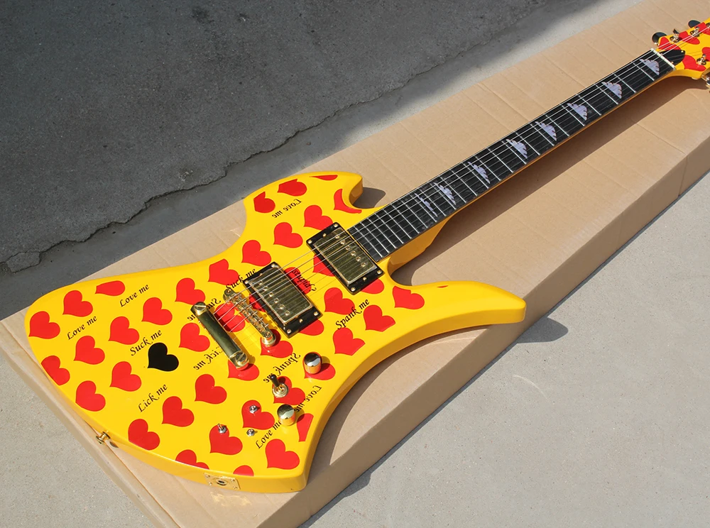 

Factory Custom Unusual Shape Electric Guitar,Yellow Body with Red Heart Pattern,Fixed Bridge,Gold Hardware,Offer Customized