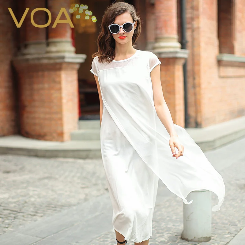 

VOA 2017 Summer White Black Casual Women Dresses Silk Round Collar White Short Sleeve Maxi Vestidos Female Office Dresses A5220