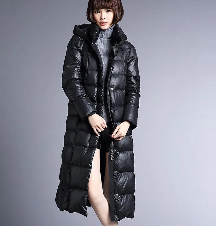 Длинное женское пуховое пальто с капюшоном, толстое теплое зимнее пальто с 90% утиным пухом размера плюс, Женская куртка с капюшоном