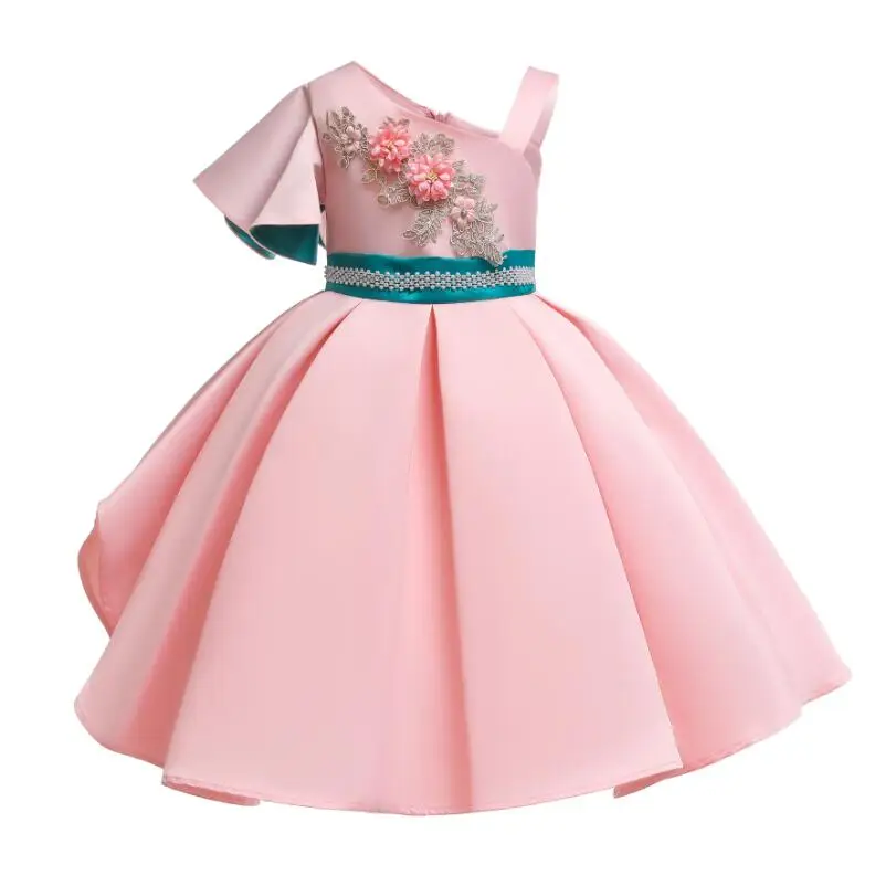 

Girls Dress Toddler Girls Pink inclined shoulder Embroidery Princess Dress Kids Dresses For Birthday Party Dress Children Clo