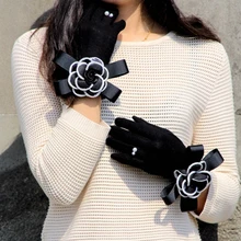 Брендовые перчатки, зимние женские перчатки, кашемировые перчатки, женские теплые шерстяные перчатки с большим цветком, женские перчатки для вождения