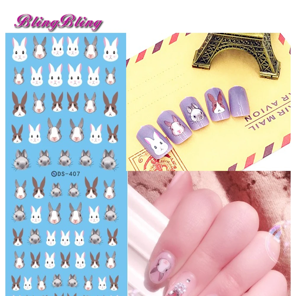 Blingbling 2 шт. Кролик шаблон наклейка для ногтей Kawaii Bunny дизайн животных передачи