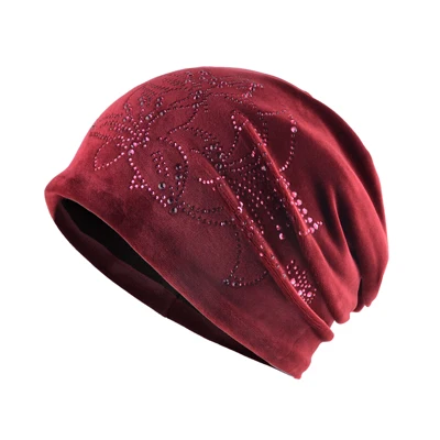 TQMSMY Brand Women's Beanie Lily Flower Rhinestones Hat Women Shine Velvet Kintted Skullies Cap Female Beanie Beanies Cap TMDH59 - Цвет: RED