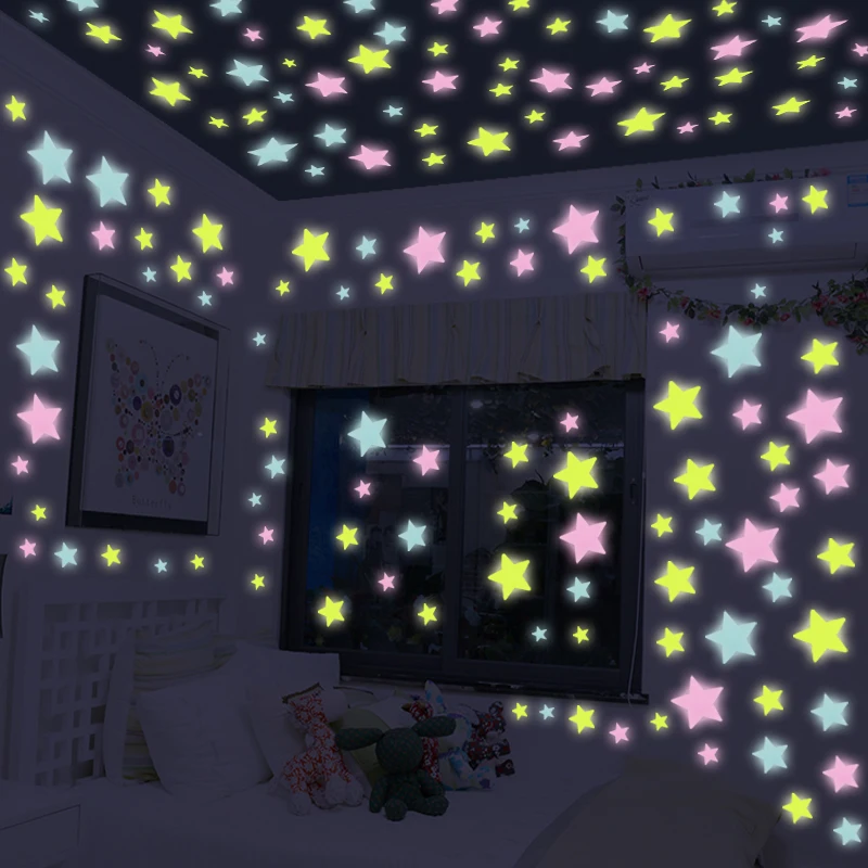 

100 pcs/lot 3D stars glow in the dark Luminous on Wall Stickers for Kids Room living room Wall Decal Home Decoration poster