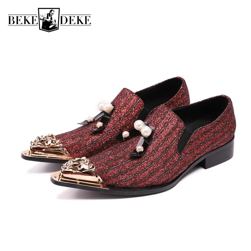 

Italian Luxury Genuine Leather Shoes Men Metal Pointed Toe Striped Dress Shoes Male Formal Business Pearl Wedding Party Zapatos