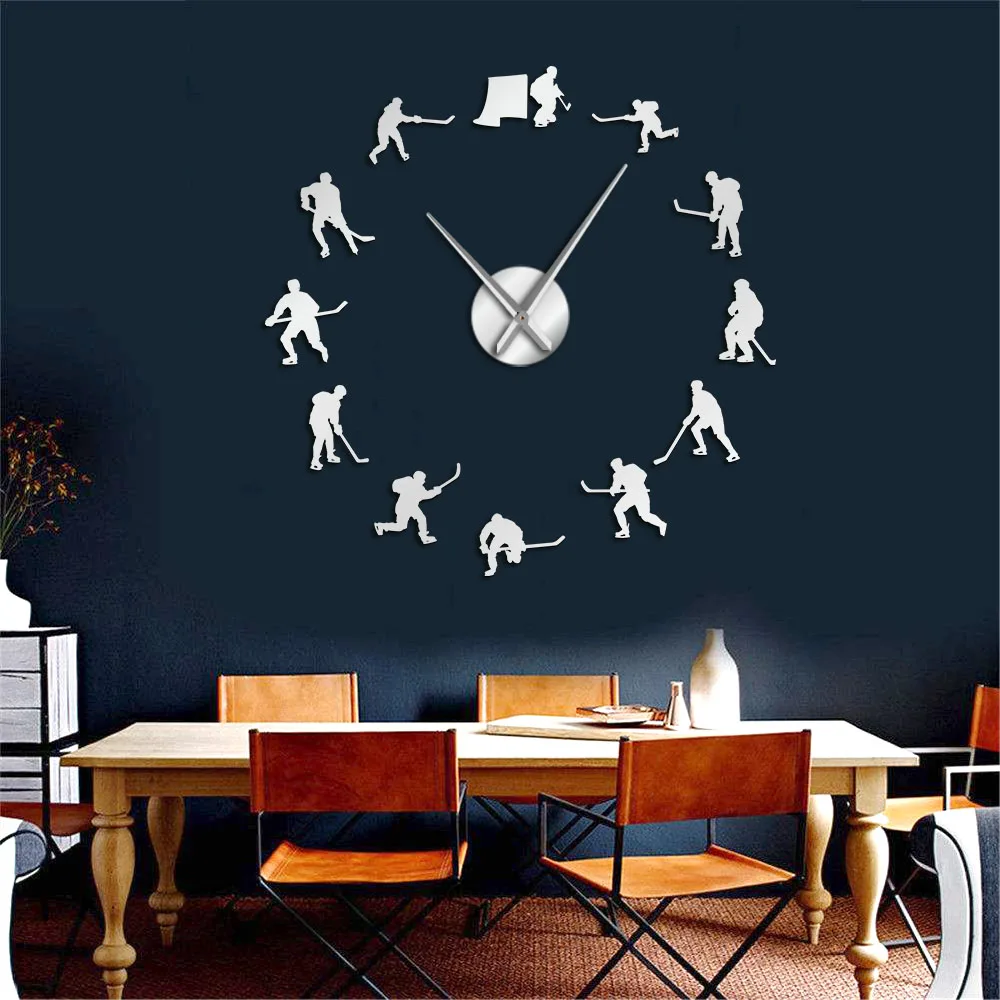 Billig Hockey Wand Hängen Sport Wand Kunst Aufkleber DIY Große Wanduhr Eishockey Spieler Wohnkultur Rahmenlose Wand Uhr Geschenk für Mann