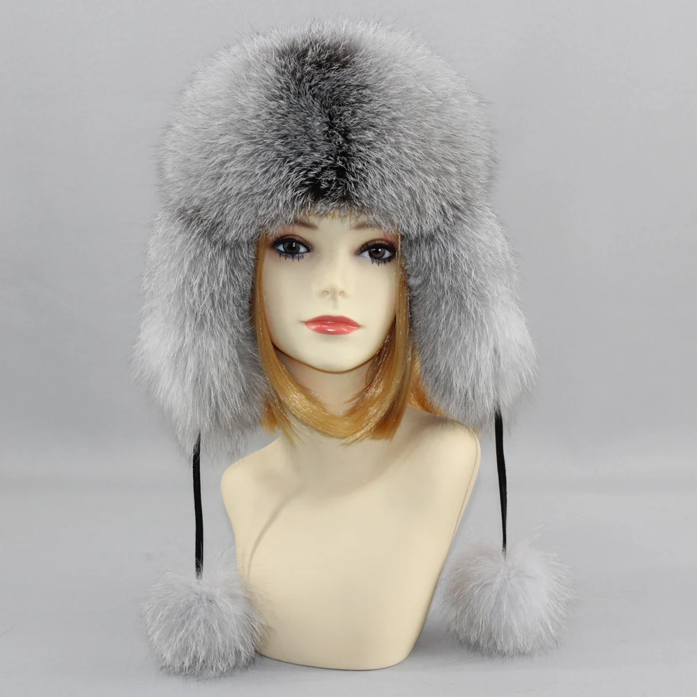 Genuin Fox Fur Hats Lady Real Fox Fur Lei Feng Cap for Russian Women Bomber Hats with Leather Caps Retail wholesale