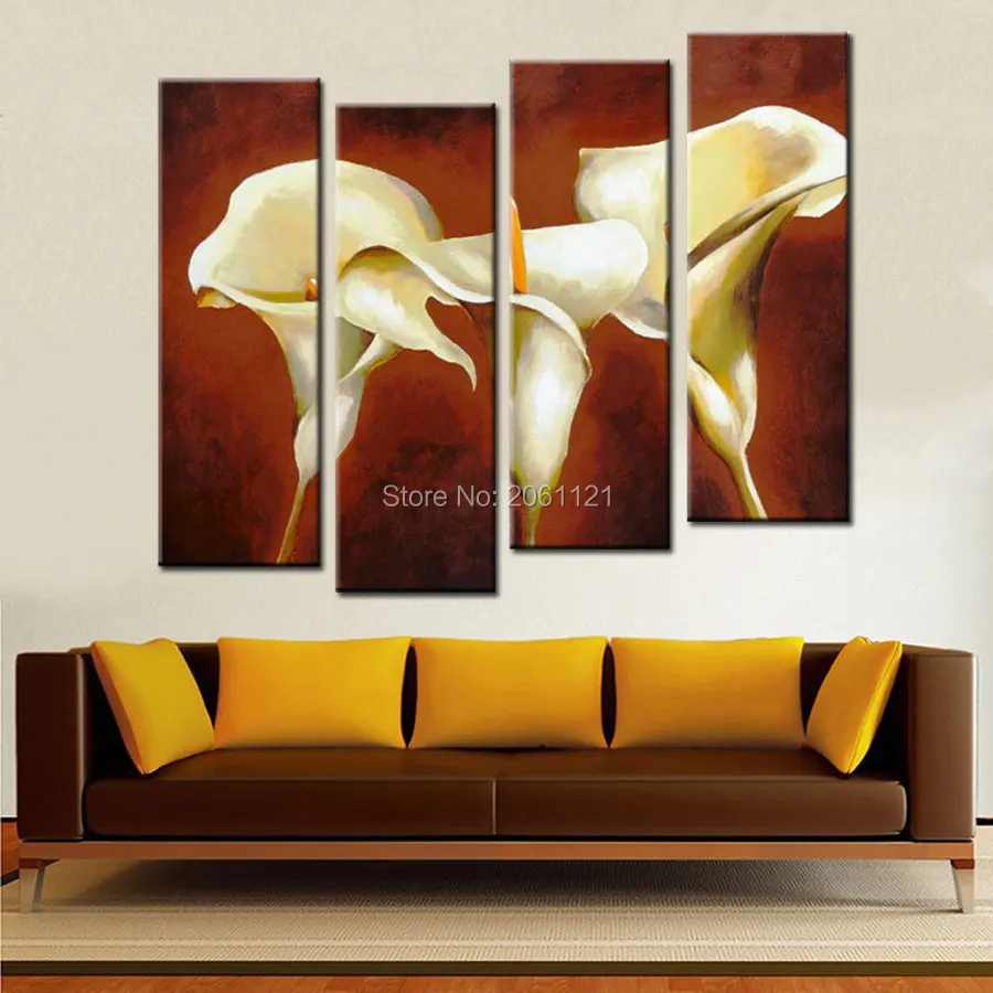 

Free Shipping Handmade 4 Piece BROWN Modern Decorative Oil Painting On Canvas Wall Art LARGE Flower Picture For Living Room