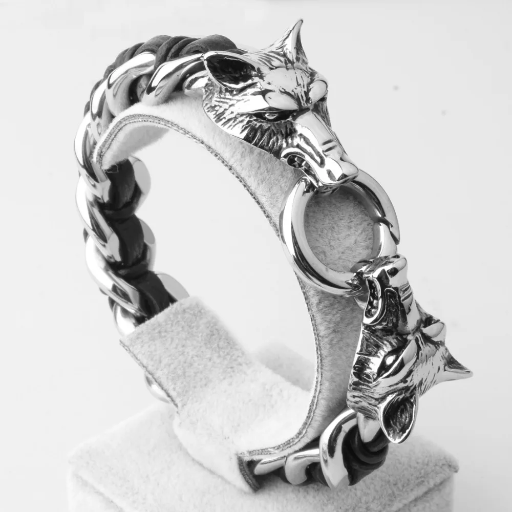 Brand New Mens Jewelry Silver Stainless Steel Gothic Animal Wolf Curb Chain Black Leather Bracelet Brand New Mens Jewelry Silver Stainless Steel Gothic Animal Wolf Curb Chain Black Leather Bracelet