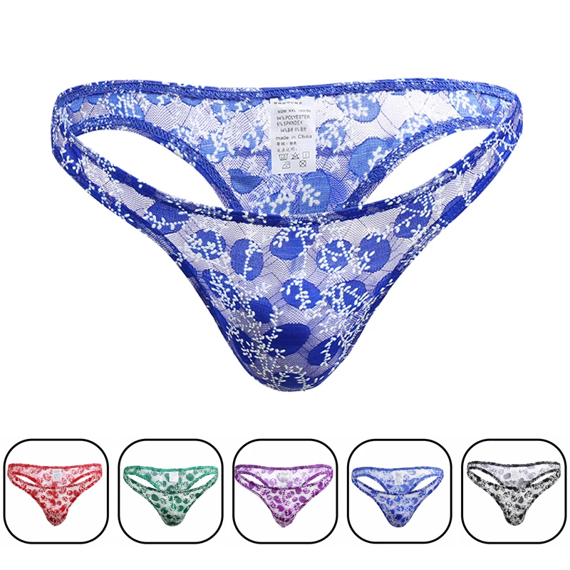 

Mens Low-rise Lace Underwear Transparent Printinng T-Back G-string Thong Sexy Lingerie Underpants Shorts Plus Size jockstrap