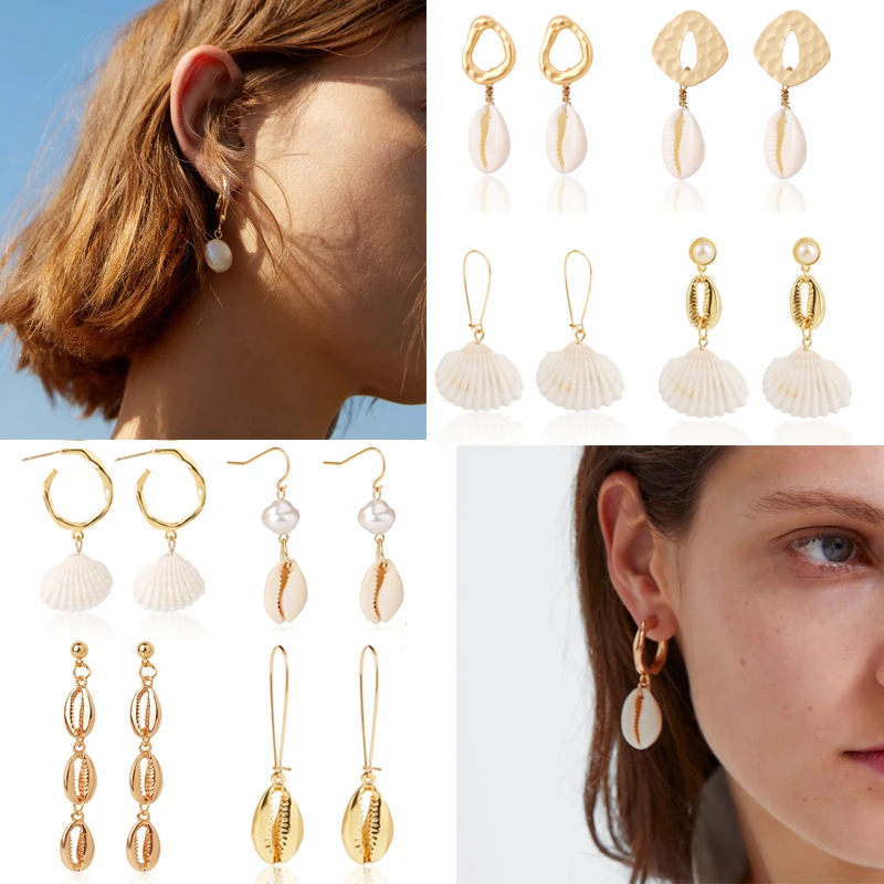 

New Gold Maxi Shell Earrings For Women Metal Irregular Simulated Pearl Long Dangle Earrings Bohemia Charm Statement Jewelry