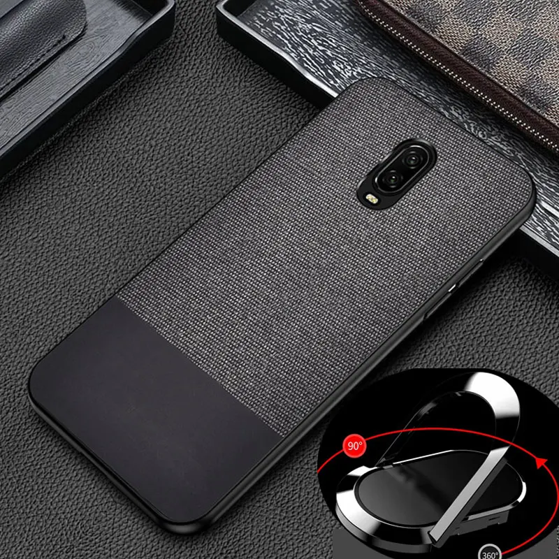 Business Fabric Canvas PU Leather Case For OnePlus 6 6T Splice PC Hard Back Cover Case+Magnetic Ring Holder |