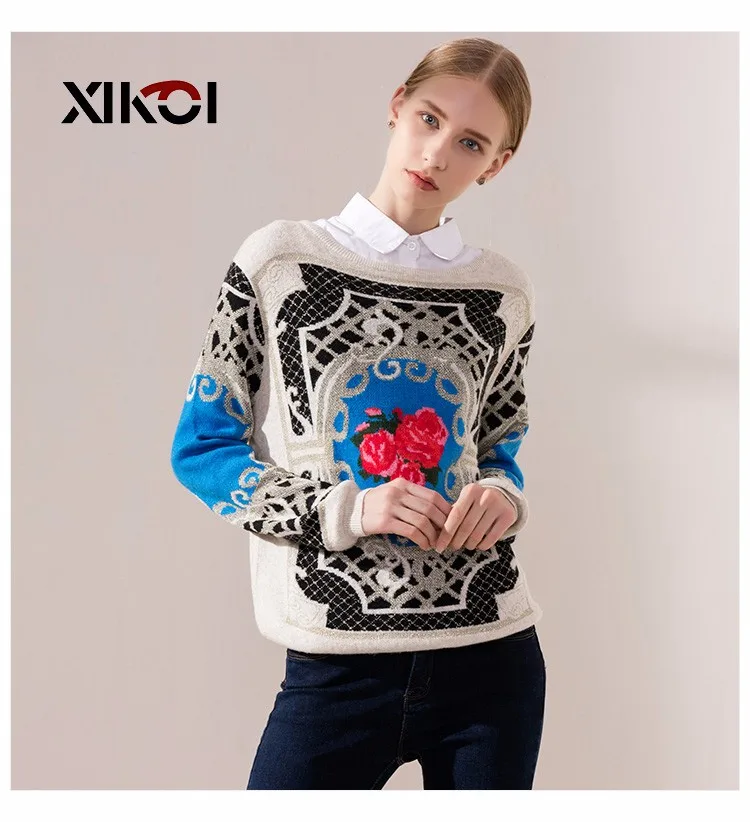 XIKOI зимний свитер для женщин, укороченный пуловер, модный свитер с принтом розы, джемпер с круглым вырезом и длинным рукавом, женская одежда, топы