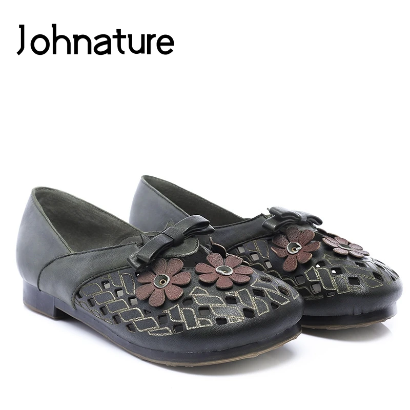 

Johnature 2019 New Spring/Summer Genuine Leather Casual Floral Round Toe Hollow Sewing Retro Slip-on Shallow Flat Women Shoes